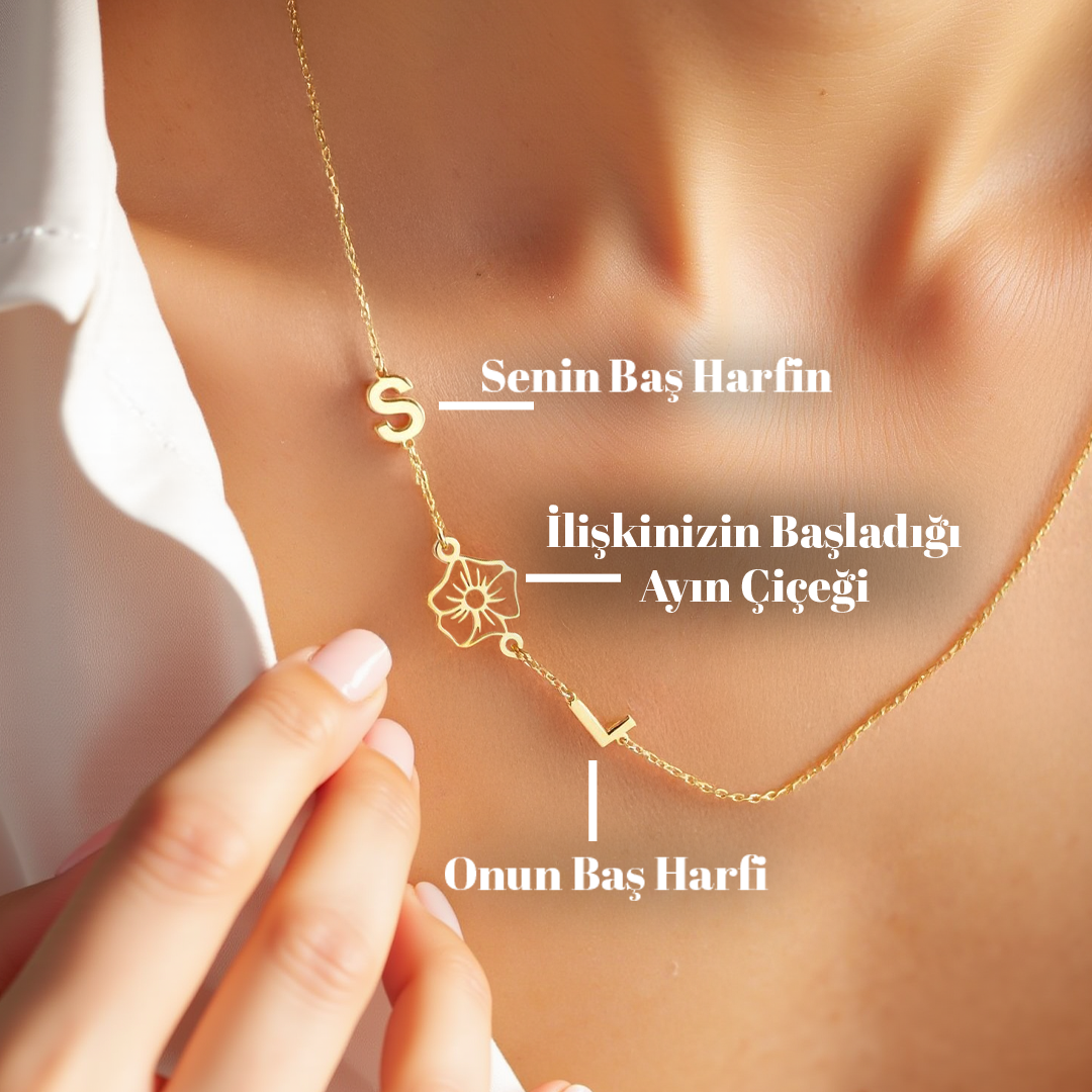 925 Ayar Gümüş Kişiye Özel Ay Çiçek & Harf Kolye