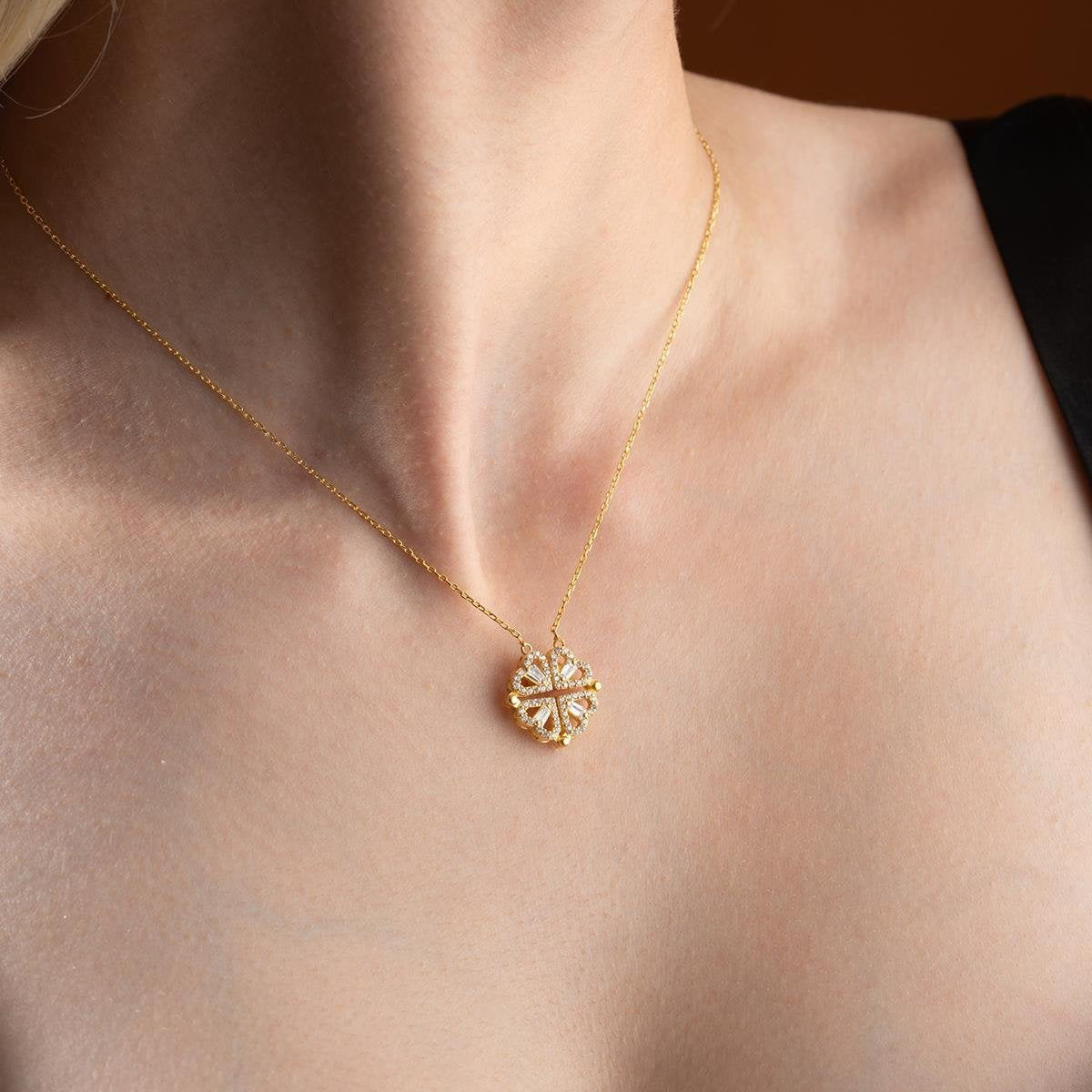 925 Ayar Gümüş Açılır Yonca & Kalp Kolye