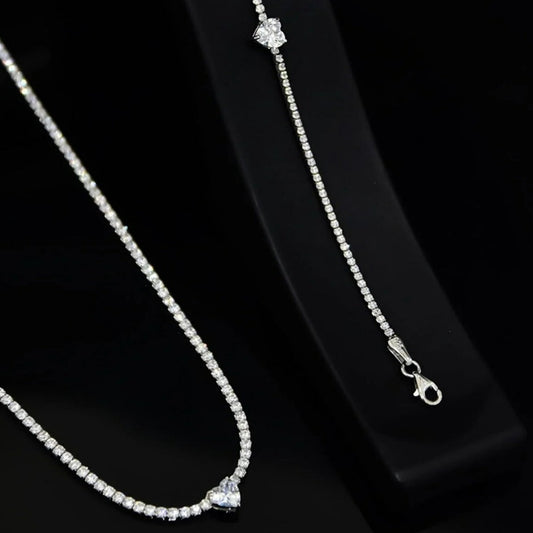 925 Ayar Gümüş Kalpli Su Yolu Bileklik & Kolye & Set