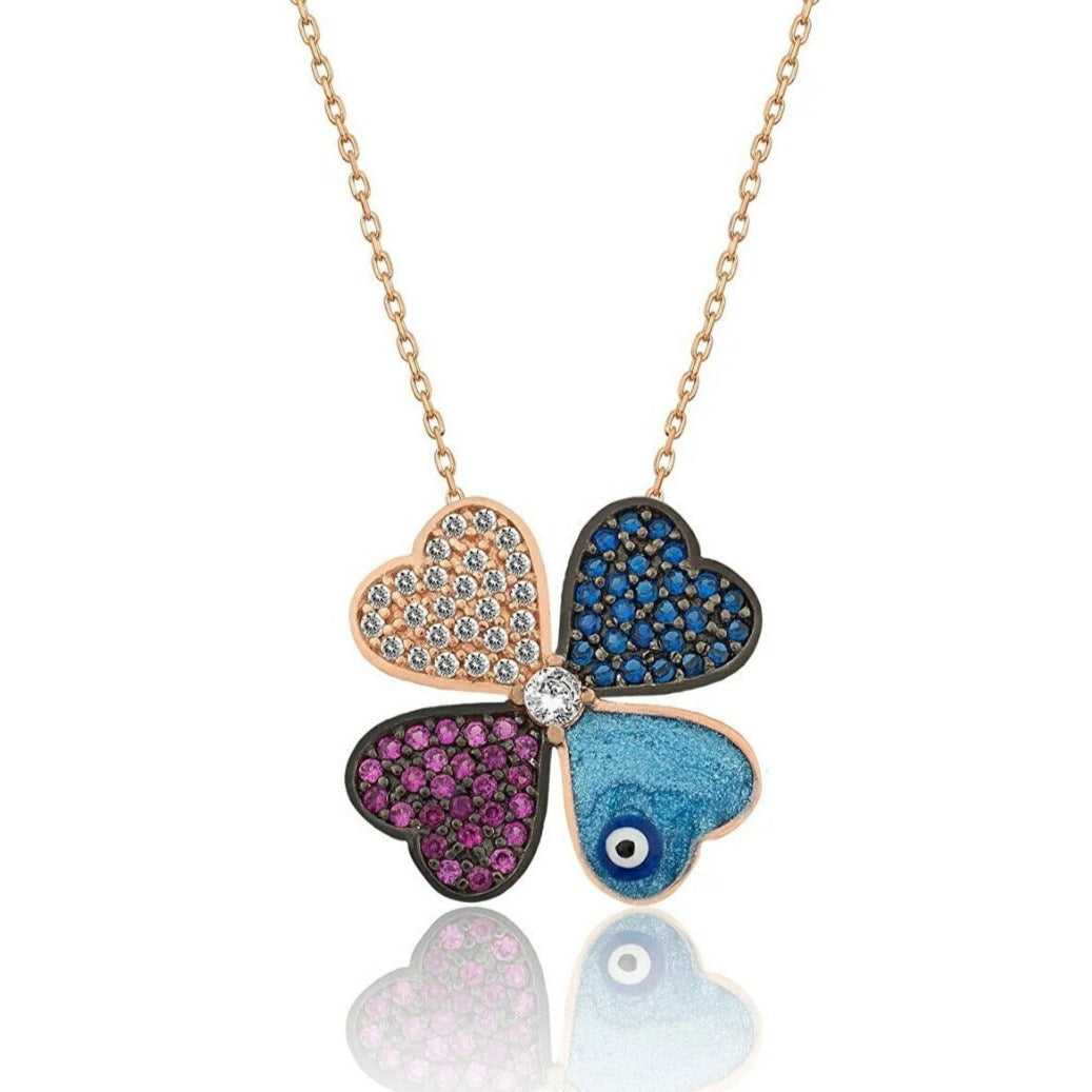 925 Ayar Gümüş Mine İşlemeli Kalp & Yonca Kolye