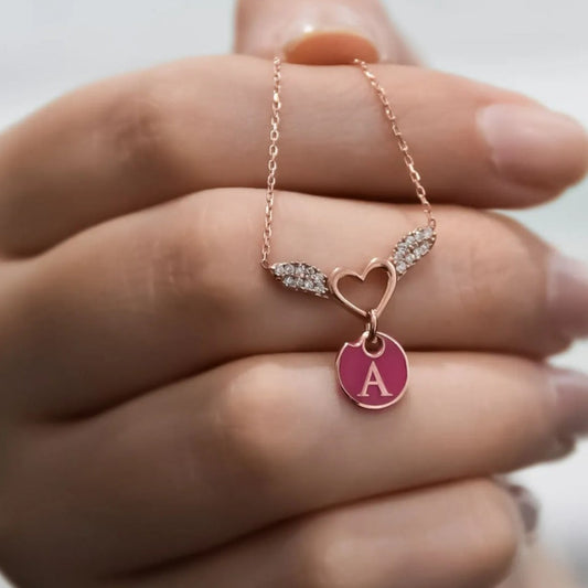 925 Ayar Gümüş Kişiye Özel Harfli Taşlı Melek Kanadı & Kalp Kolye