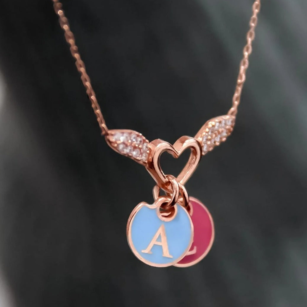 925 Ayar Gümüş Kişiye Özel Harfli Taşlı Melek Kanadı & Kalp Kolye