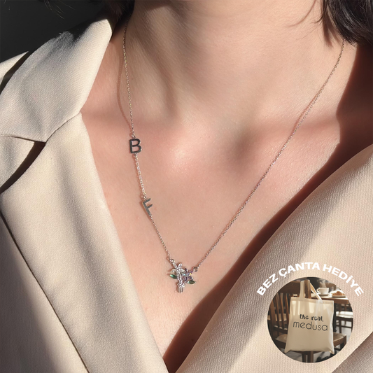 925 Ayar Gümüş Kişiye Özel Çift Harfli Çiçek Buketi Kolye