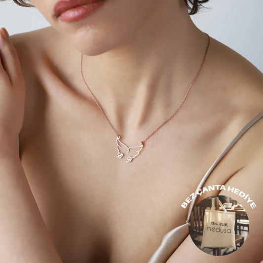 925 Ayar Gümüş Kişiye Özel Çift Harfli Melek Kanadı Kolye