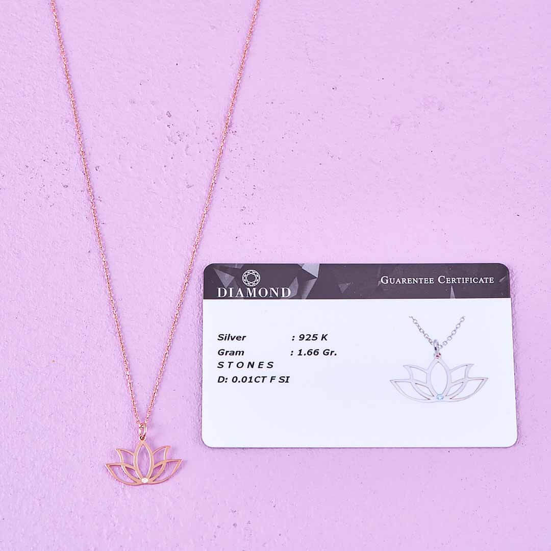 925 Ayar Gümüş 0.01 Karat Pırlanta Lotus Çiçeği Kolye