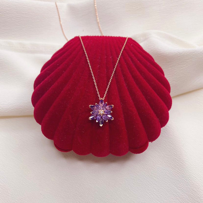 925 Ayar Gümüş Ametist Taşlı Lotus Kolye