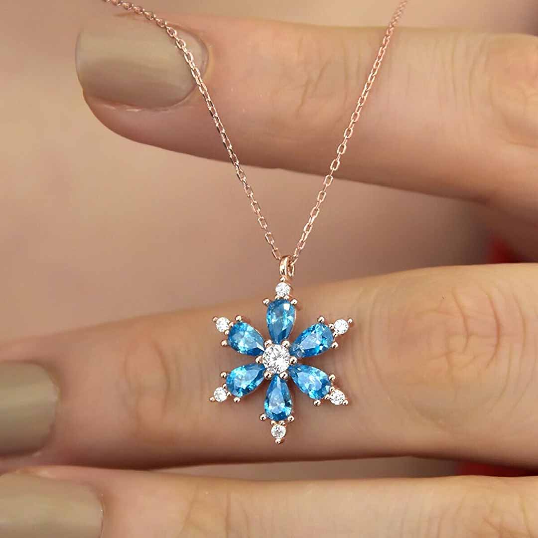 925 Ayar Gümüş Aqua Marine Taşlı Papatya Kolye
