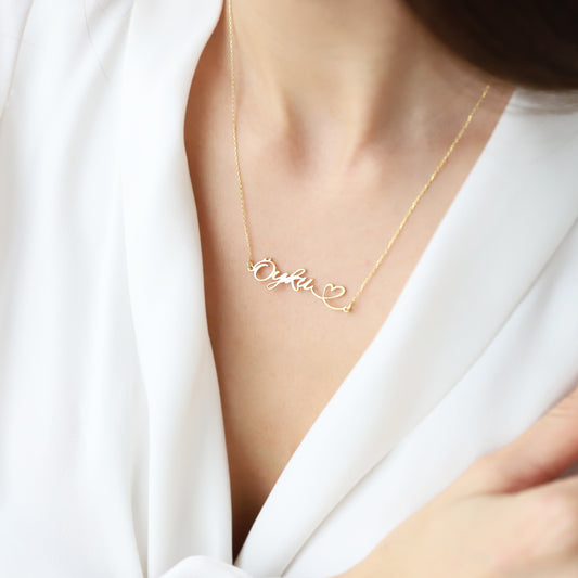 925 Ayar Gümüş Kişiye Özel El Yazısı Kalpli İsim Kolye