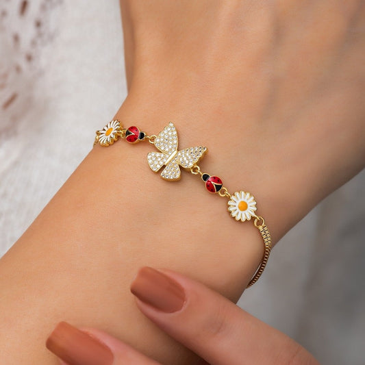 925 Ayar Gümüş Mine İşlemeli Papatya & Uğur Böceği & Kelebek Bileklik