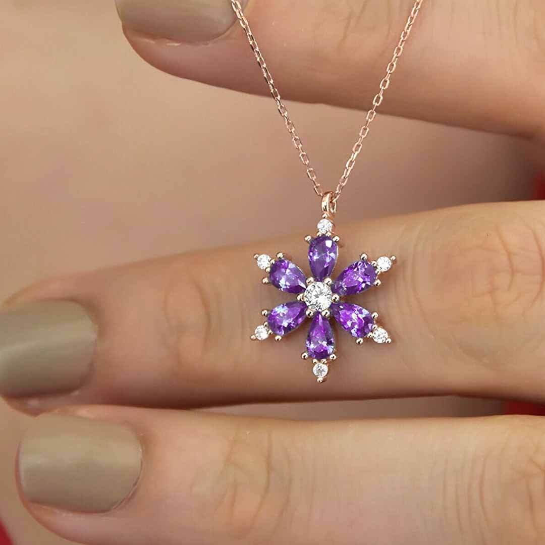 925 Ayar Gümüş Ametist Taşlı Papatya Kolye