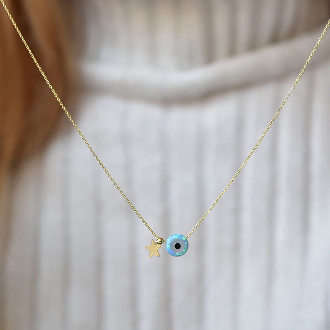 925 Ayar Gümüş Opal Taşlı Nazar Boncuğu Kolye