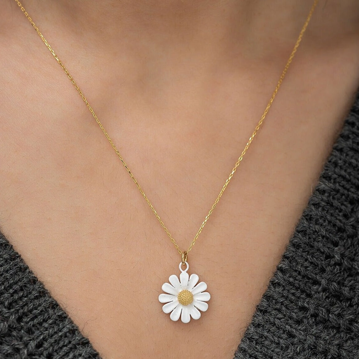 925 Ayar Gümüş Mine İşlemeli Papatya Kolye & Yüzük 2'li Set