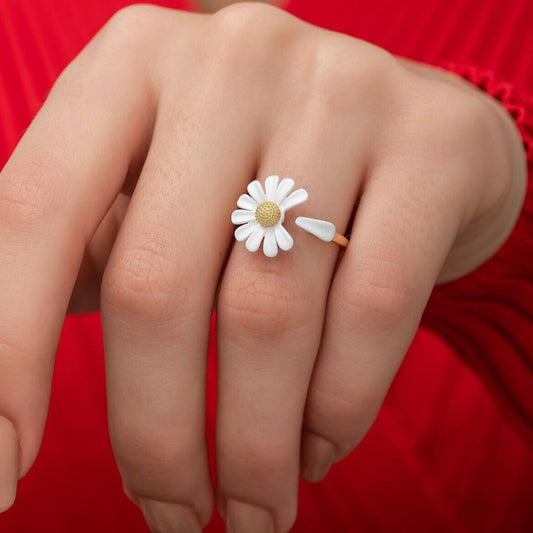 925 Ayar Gümüş Mineli Papatya Kolye & Yüzük & Küpe 3'lü Set