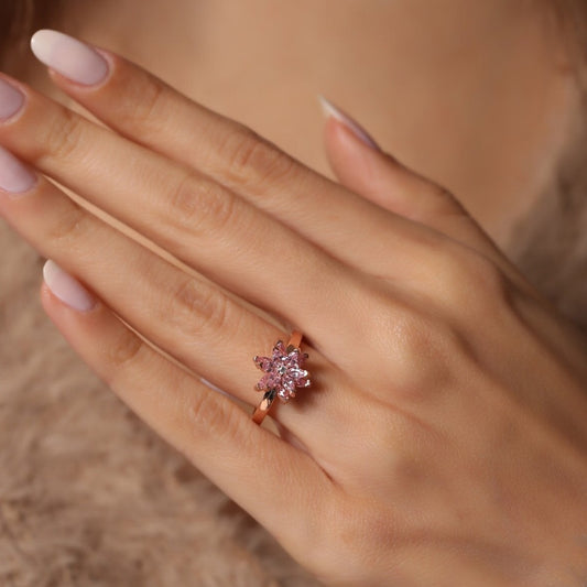 925 Ayar Gümüş Pembe Taşlı Lotus Yüzük