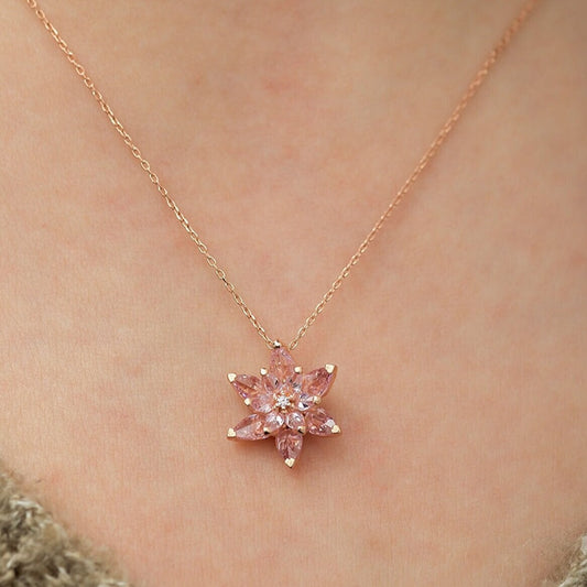 925 Ayar Gümüş Pembe Taşlı Lotus Kolye