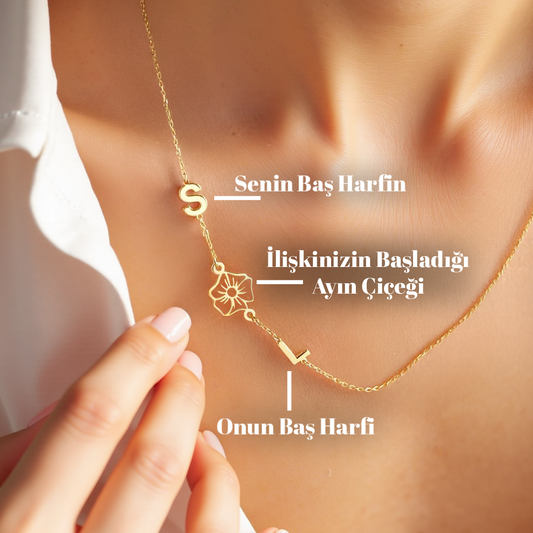 925 Ayar Gümüş Kişiye Özel Ay Çiçek & Harf Kolye