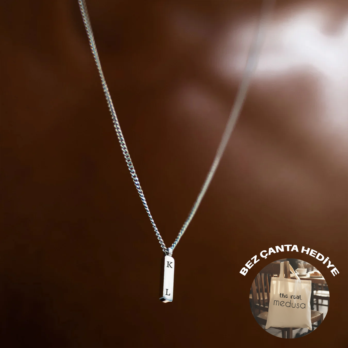 925 Ayar Gümüş Erkek Kişiye Özel Gurmet Zincirli Dikdörtgen Kolye